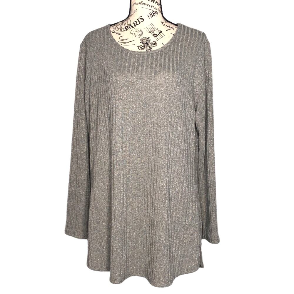Calvin Klein (0X) Lightweight Round Hem Sparkly Crew Neck Ribbed Knit Sweater